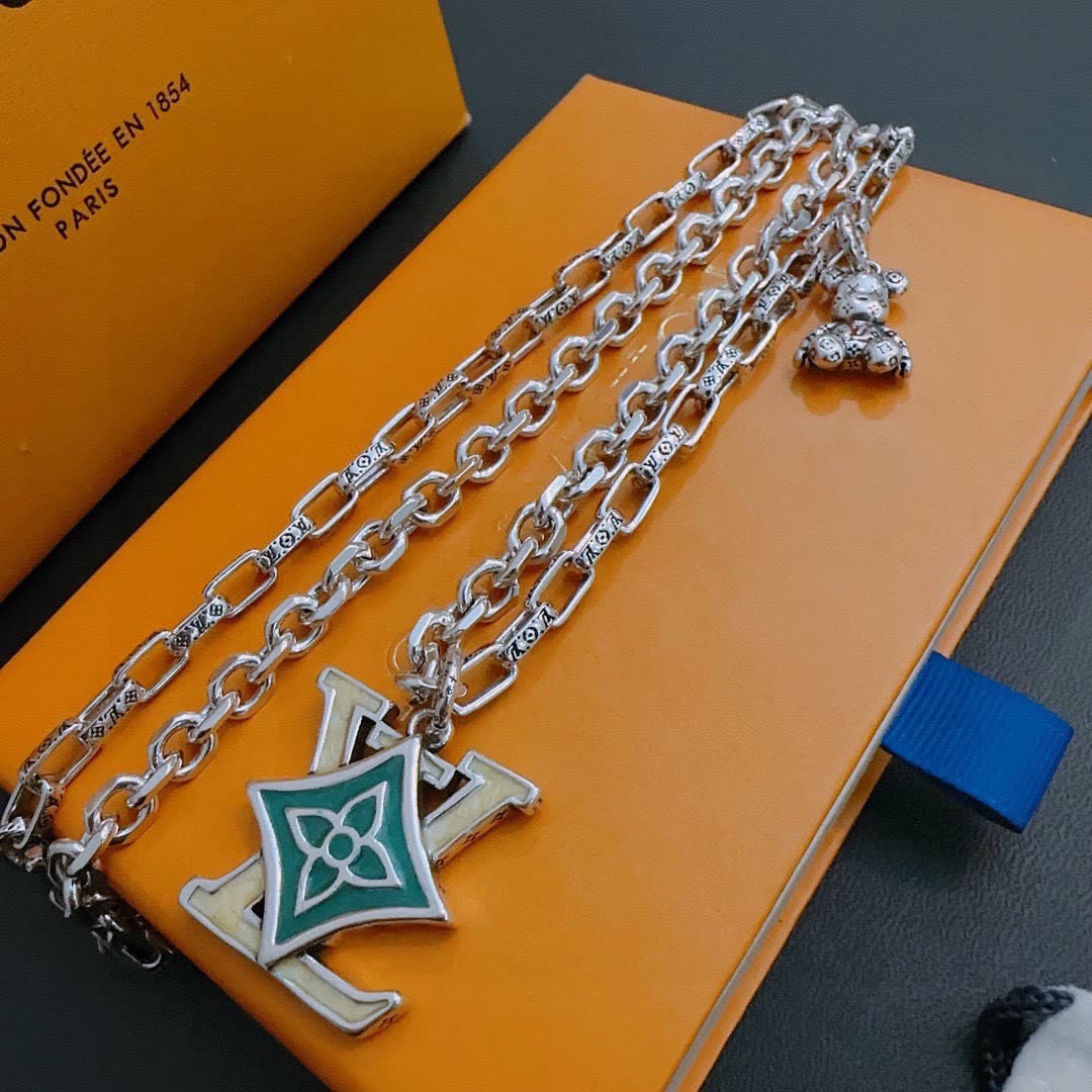 Louis Vuitton Silver Chain Necklace with LV Logo and Bear Charm